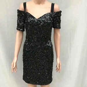 Vintage Modi Neiman Marcus Black Sequin Dress Off Shoulder Cocktail Glam Goth 4